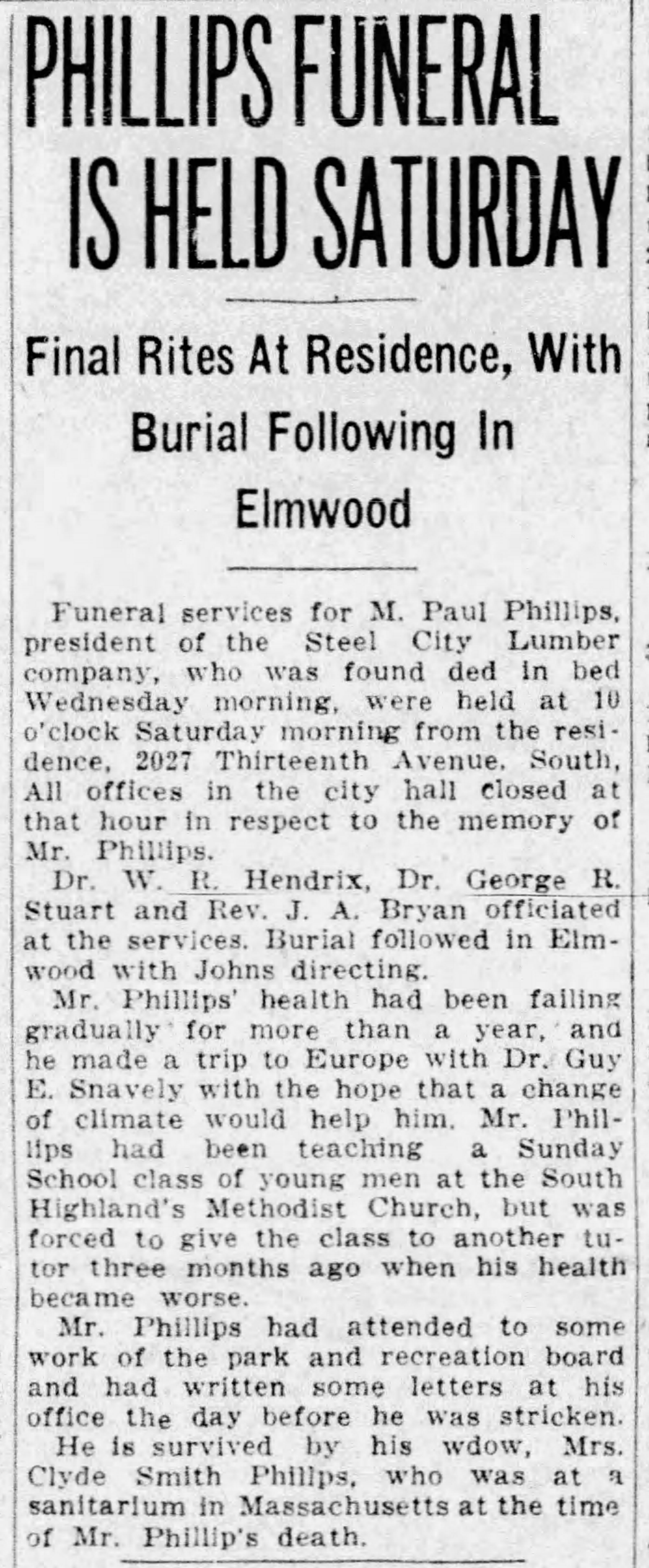 Phillips Funeral Is Held Saturday from Birmingham News on 19250905